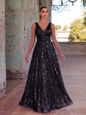 Sleeveless V-Neck Sequin Formal Party Dress Flowers Straight