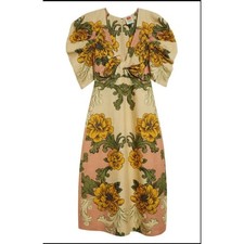 Farm Rio Esques Tropical Floral Linen Blend Puff Sleeve Midi Dress Large NEW