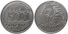 Brazil - Brasil 5000 Cruzeiros 1992 Death of Tiradentes Stainless Steel, KM# 625