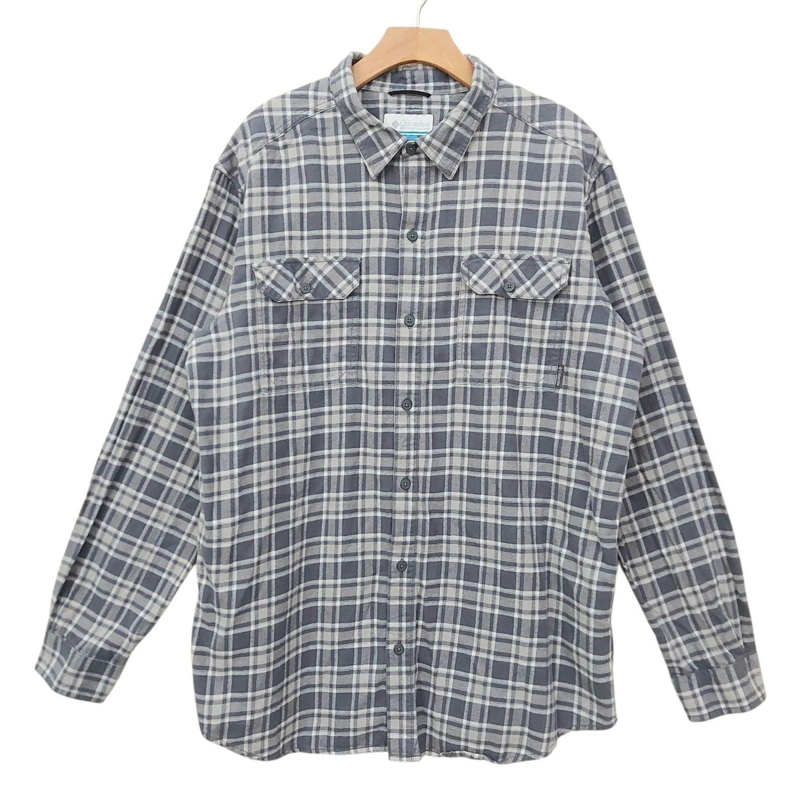 Columbia Flannel Shirt Mens XL Gray Plaid Omni-Wick Long Sleeve Soft Cotton