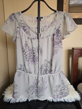 Apt. 9 Gray w Purple Floral Design Sheer Blouse Women's Size Medium