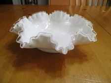 Vintage Fenton Silver Crest Double Crimped Ruffle Edge Milk Glass Bowl Mint*