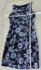 Ann Taylor Black Blue Floral Silk Sheath Dress Boat Neck Sleeveless Knee Length…