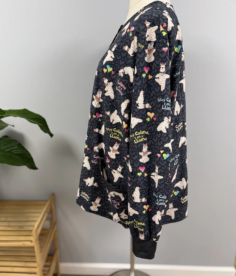 NWT Cherokee Scrub Jacket Plus 5x Pewter Gray Llama Yoga Pose Snap Front Scrubs - Image 3 of 4