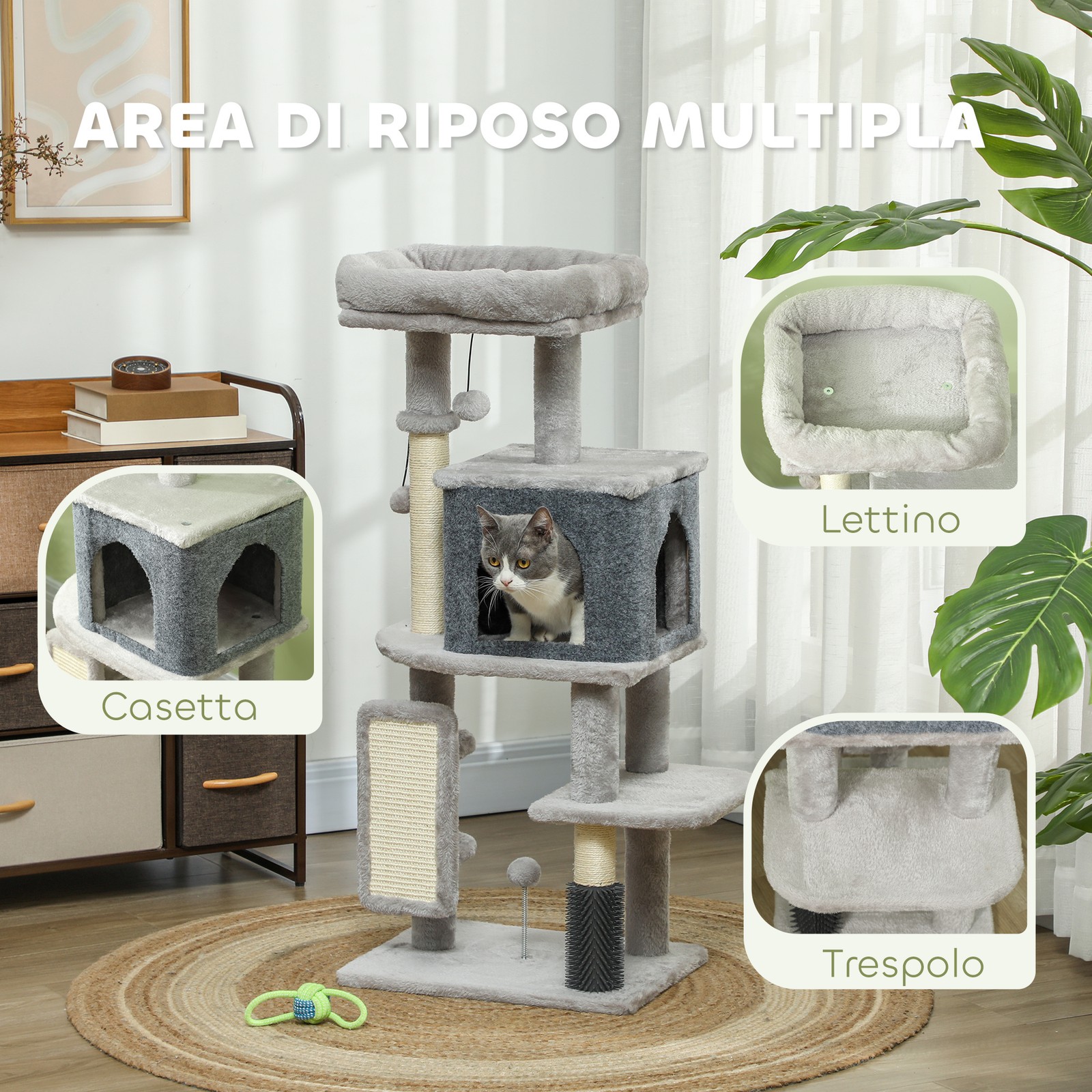 Albero per Gatti Multilivello Alto 104 cm con Casetta, Lettino, Pali Tiragraffi, foto 4