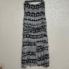 Grace Elements Strapless Tiered Midi Dress Navy Blue White Ikat Style Print M