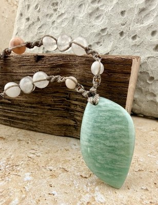 Amazonite Pendant Necklace Clear Quartz, Pink Opal Crystal Necklace. USA Artisan