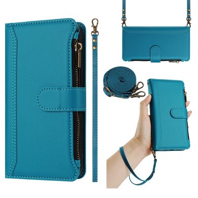 For iPhone Samsung Honor Crossbody Zipper 9 Cards Wallet Case Flip Stand Cover