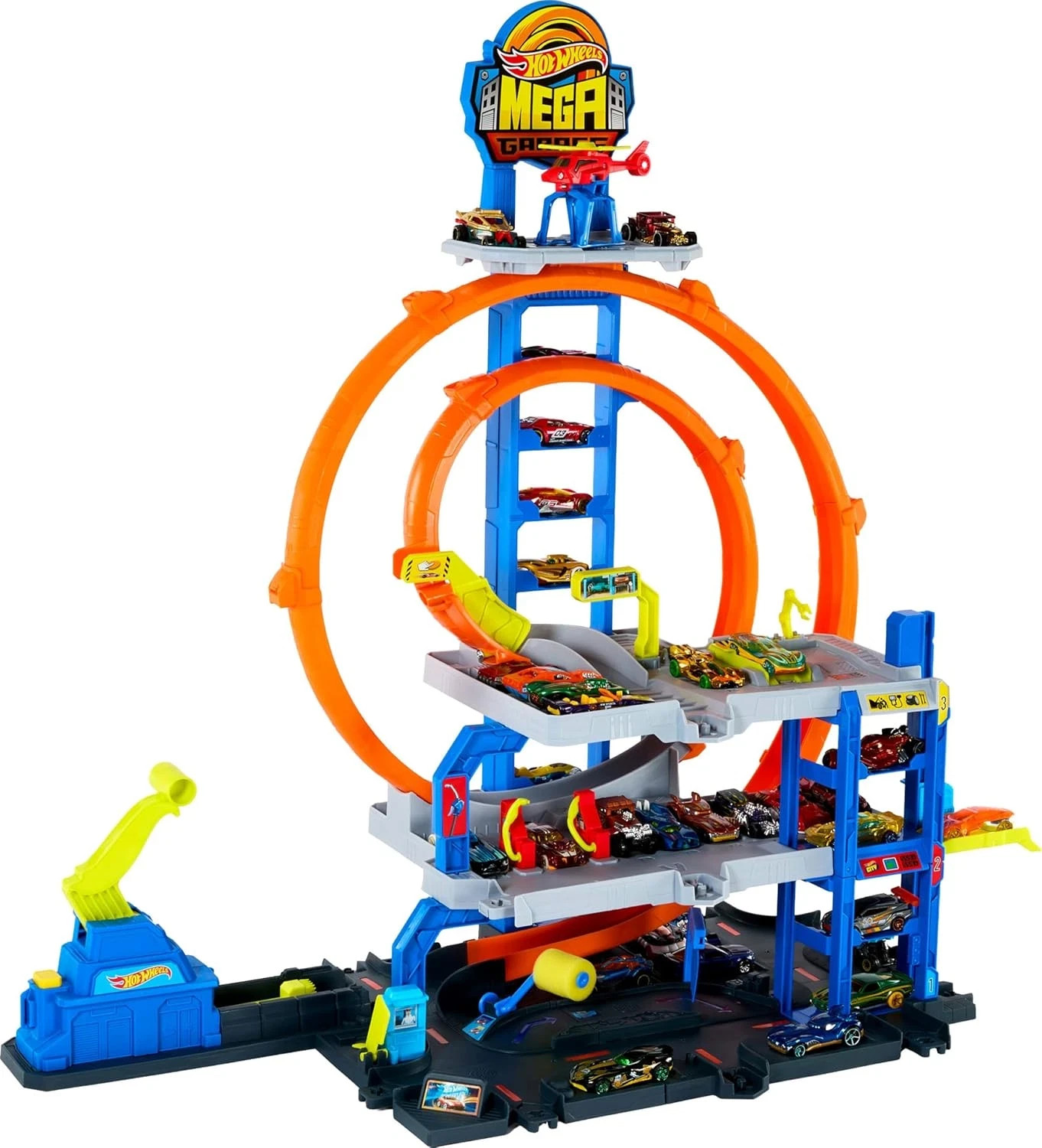 Hot Wheels City Mega Loop Garage Track Set with 1:64 Die-Cast Car & Helicopter