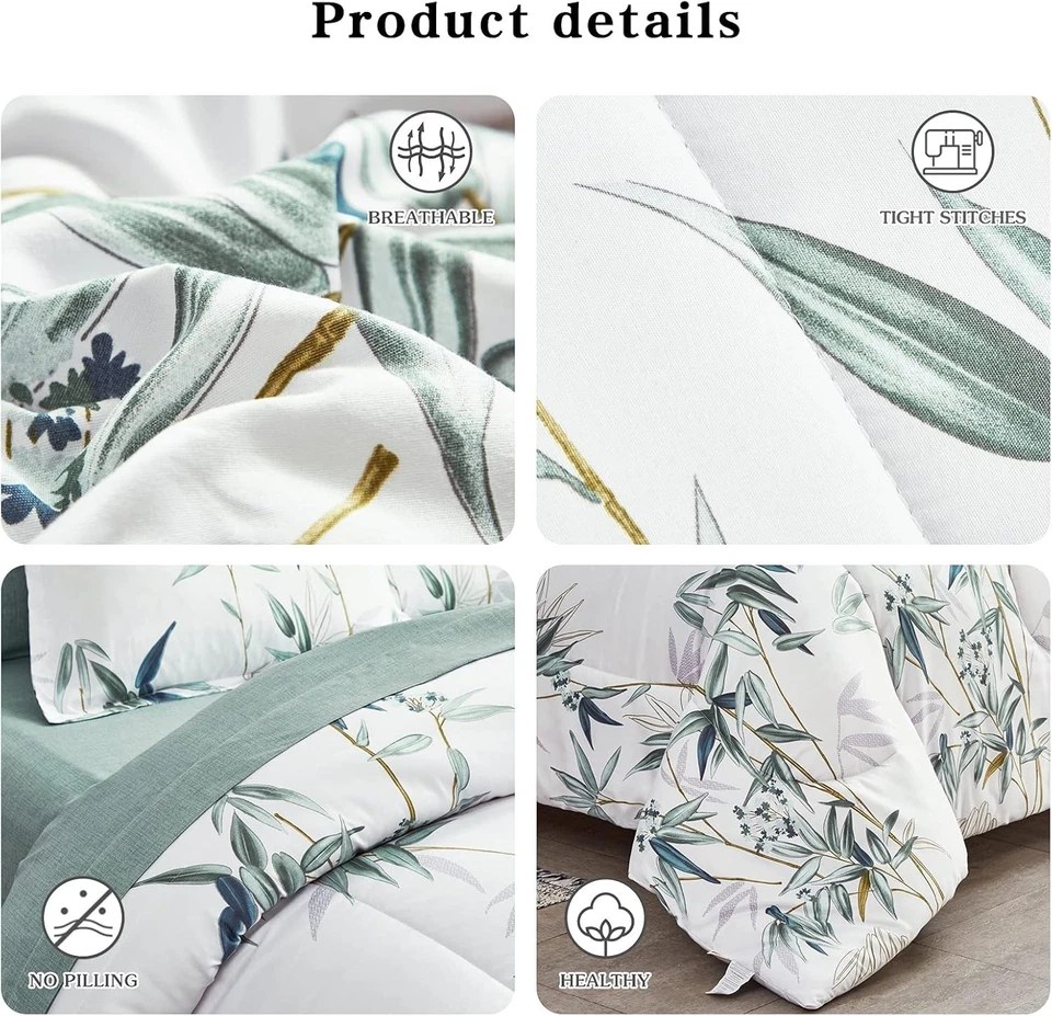 Conjunto de edredom queen 7 peças cama em um saco com lençóis, folhas verdes no branco - Imagem 4 de 4