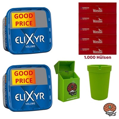 Elixyr Blue/Blau Volumentabak Eimer 2x 245g, Winston Hülsen, Ascher Box