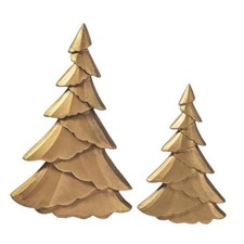 Christmas Tree Figurines Wooden, Set of 2 Gold 2-Piece Set Vintage Gold