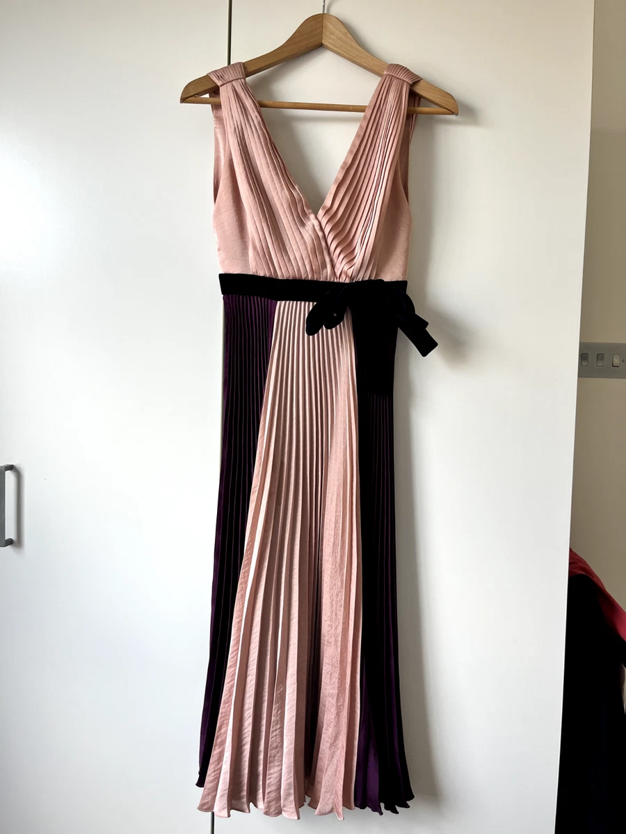 ROKSANKA Beautiful 100 Silk Pink Navy Blue Lace Midi Wedding Guest Dress 6