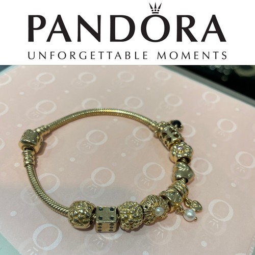 Pulsera Pandora de 7,5"" oro 14 K + 10 dijes de de 14 K todos auténticos | eBay