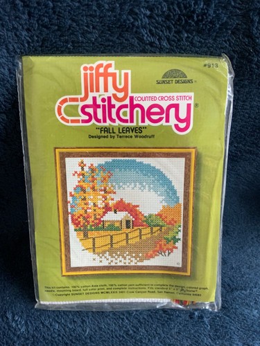 Jiffy Stitchery FALL LEAVES Counted Cross Stitch Kit 1979 NOS Cotton 5x5” Samplr