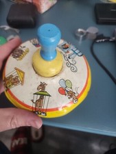 Vintage Ohio Art Tin Toy Spinner - Blue Handle Circus Design Metal Spinning Top