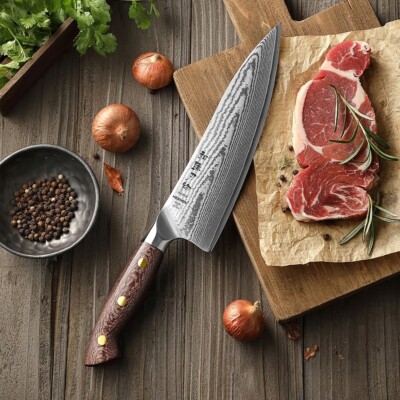 Damastmesser, Chefmesser, Küchenmesser, Damaszener, Hezhen, Micarta Griff
