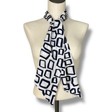 Vintage Long Scarf Abstract Shapes Squarish Narrow Dark Navy Blue White 27" x 5"