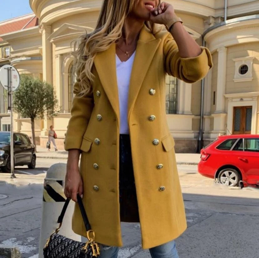 Stylish Women's Woolen Double-Breasted Trench Coat Mid-Length Winter Jacket