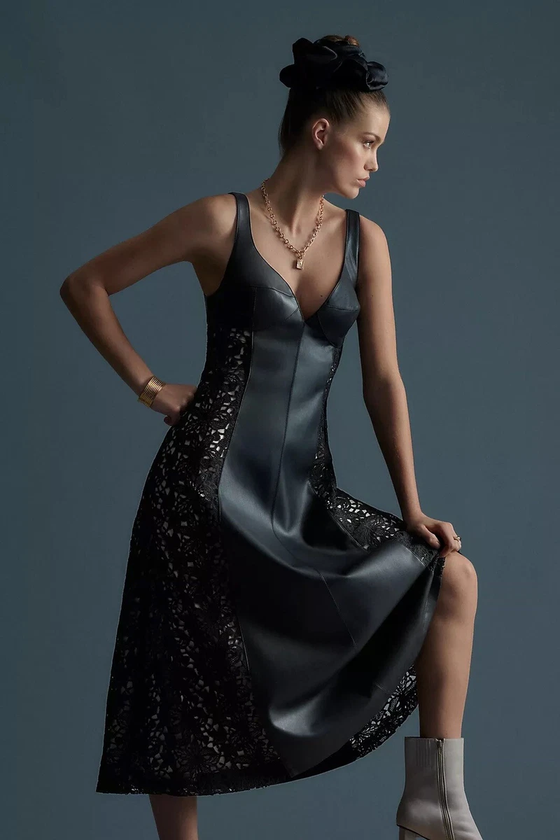 By Anthropologie Faux Leather Lace Dress Black Size 4