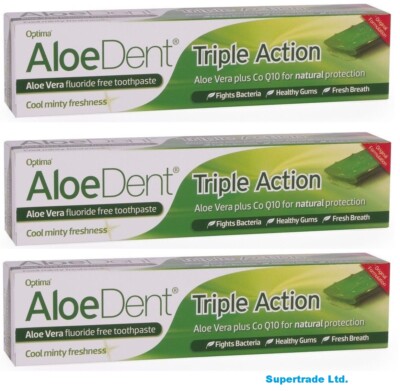 Aloe Dent Triple Action Toothpaste – Fluoride Free With Aloe Vera & Tea Tree Oil, 3 X 100ml Pack