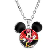 Minnie Mouse With Ears Cartoon Character Glass Domed Metal Pendant Necklace