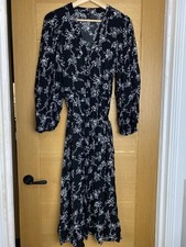 River Island Black Floral Long Sleeve Midi Dress With Tie Vgc