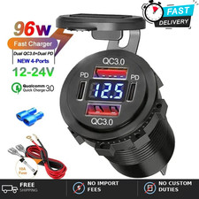 12V-24V PD QC3.0 Dual USB Car Fast Charger Power Socket Outlet LED Voltmeter LOT