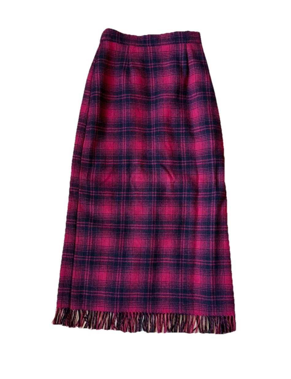 Woolrich Vintage 80’s Plaid Blanket Midi Skirt red black Fringe hem size 8 women