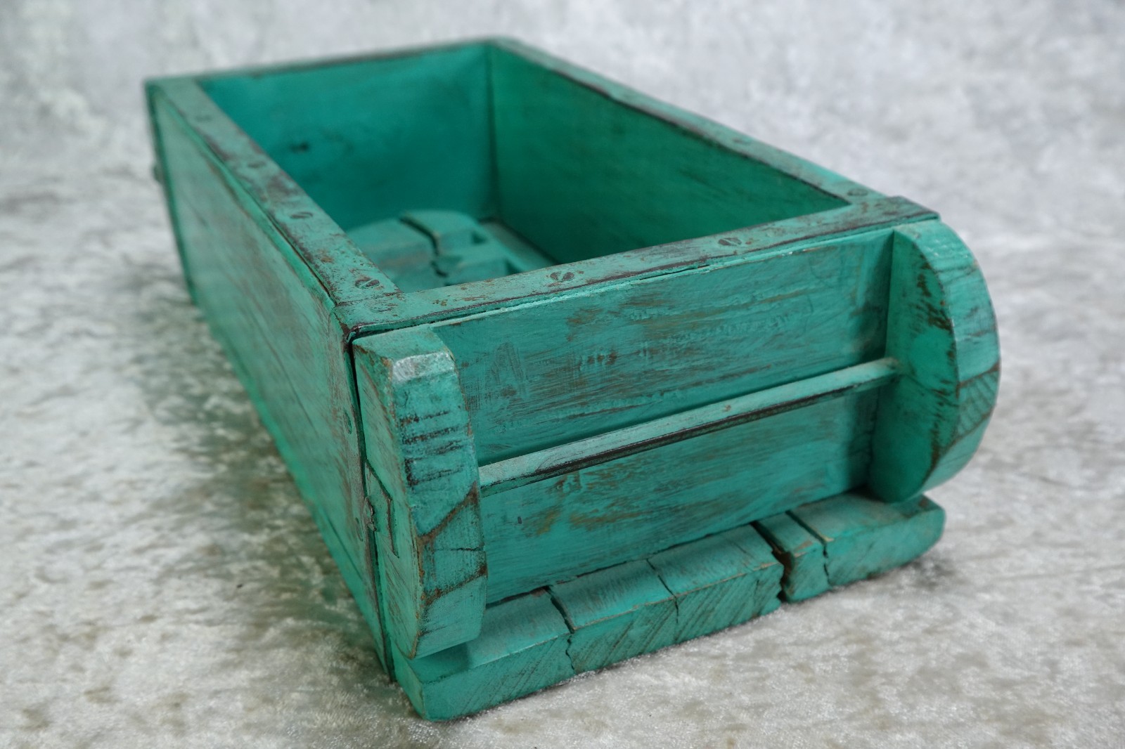 Primitive Carved Wood Brick Mold 'M D' Imprint Turquoise Rustic Painted Finish