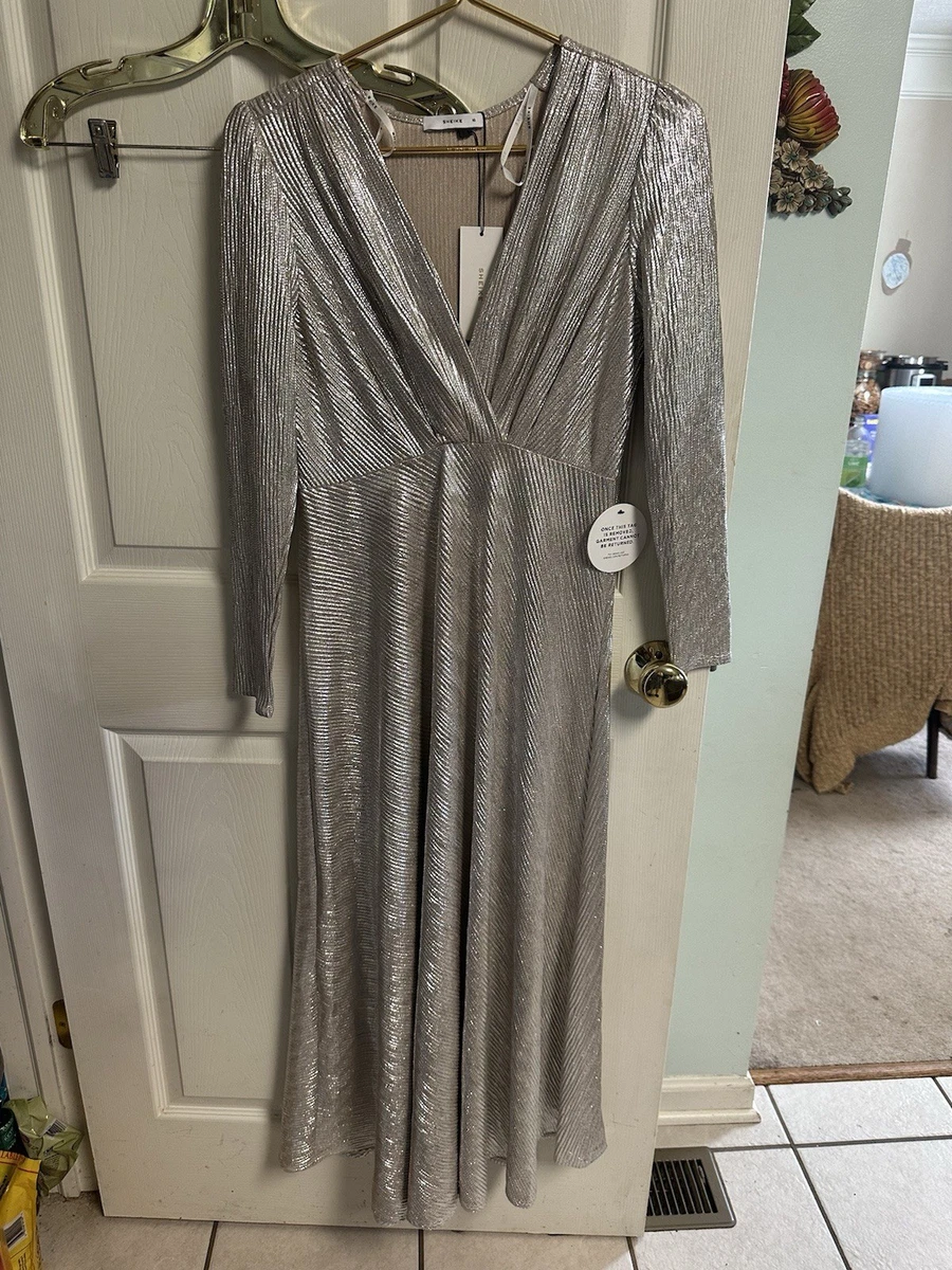 sheike silver dress Sheike Dress Faux Wrap Sequin Elbow Sleeve Poly Ribbed Silver Med 10 Stretch
