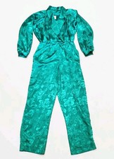 Vintage 80s Emerald Satin Retro Jumpsuit Womens 16 36x30 Disco Glam Polyester