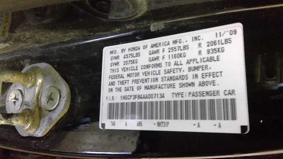 Honda Accord 2010 3.5L Engine VIN 3 6th Digit 5296 - Image 4 of 4
