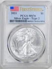 2021 Type 2 1oz Silver American Eagle MS70 PCGS 42623874 First Strike