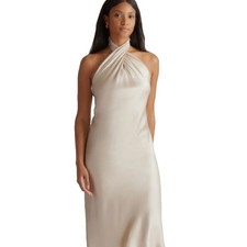 Quince Silk Stretch Washable Twist Halter Maxi Backless Dress Cream Champagne L