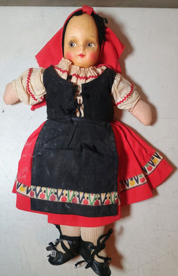 VTG European Folk Costume Cloth Doll Red Hood Black Dress Ethnic Souvenir 40s60s