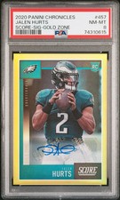 2020 PANINI CHRONICLES SCORE SIGNATURE-GOLD ZONE JALEN HURTS ROOKIE RC /50 PSA 8