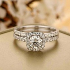 Halo Engagement Ring Set 2.85Ct Round Cut Moissanite White Gold Finish Size 5.5