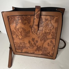 Tooled Faux Leather Crossbody Bag Brown Large 12x11 Western Cowgirl Saddle