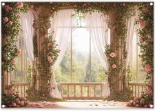 7x5ft Fabric Spring Window Scenery Photography Backdrop Pink Floral Green For...