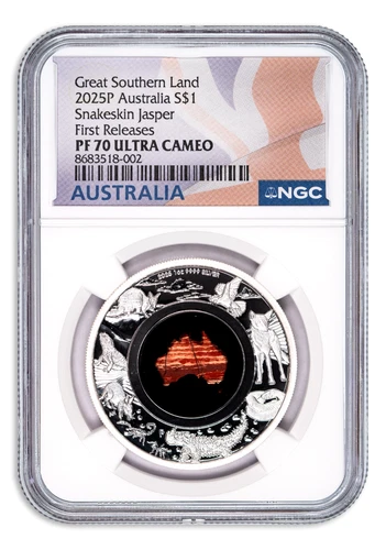 2025 Australia 1 oz Silver Great Southern Land Snakeskin Jasper Coin NGC PF70 FR