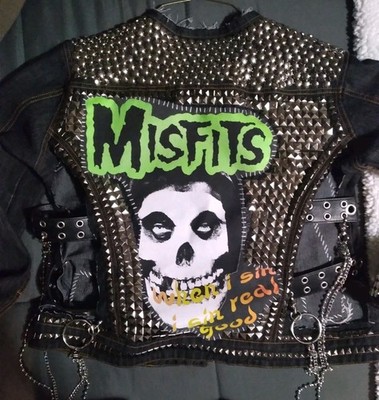 Upcycled PUNK/GOTH/ROCKER metal Studded Denim Jacket W/ MISFITS back Patch