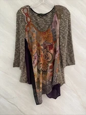 Poeme by Citron M Floral Mixed Media 3/4 Sleeve Boho Artsy Blouse