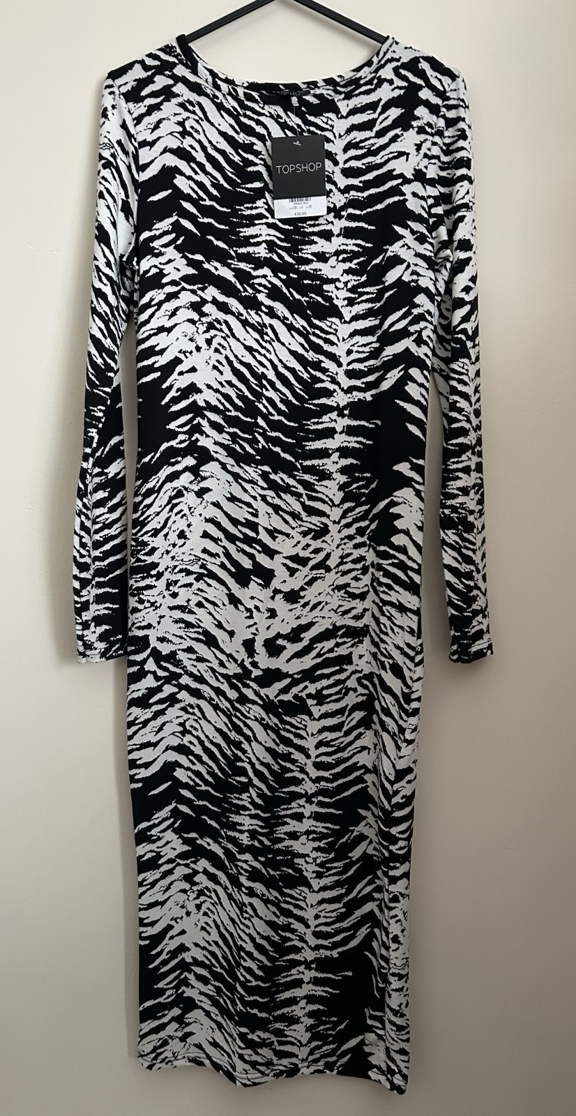 Top Shop Women’s Size 10 Long Sleeve Black And White Bodycon Midi Dress, New 