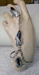 VINTAGE STERLING SILVER BLACK ONYX SIGNED "H" ORNATE SLAVE BRACELET CUFF RING