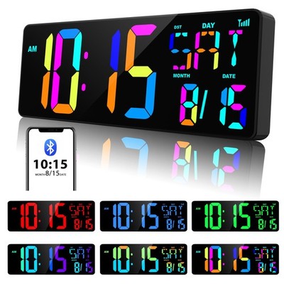 Large Digital Wall Clock Bluetooth Sync, 17.2'' RGB Color Changing Digital Clo...