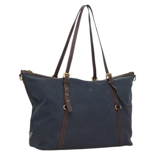 PRADA Tote Bag Canvas Navy Gold Auth JB057