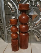 Set of 2 MCM 70s Wooden Pillar Candle Holder solid wood Two 18"And 14 In. Heavy
