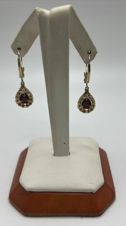Vintage 14k Yellow Gold Natural Pear Shape Rhodolite Garnet Dangle Earrings - Image 3 of 4