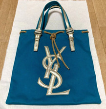 Yves Saint Laurent KAHALA Emerald Green Canvas Leather Tote Bag No Box Vintage